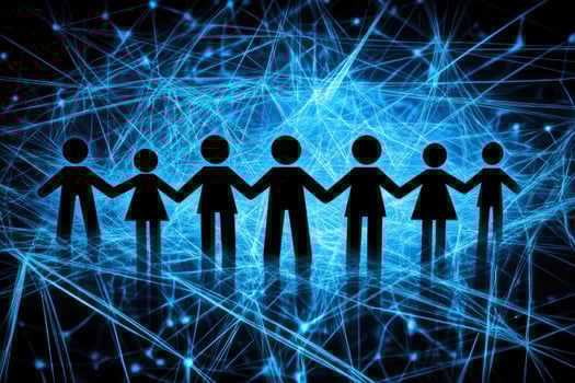 Global interconnectedness. A group of people linked together, surrounded by a network photo