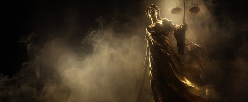 The Golden Lady Justice Statue Shrouded in Mystical Smoke photo