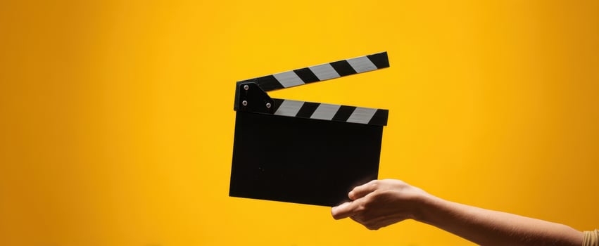 The hand holding a classic clapperboard against a bright yellow background. photo