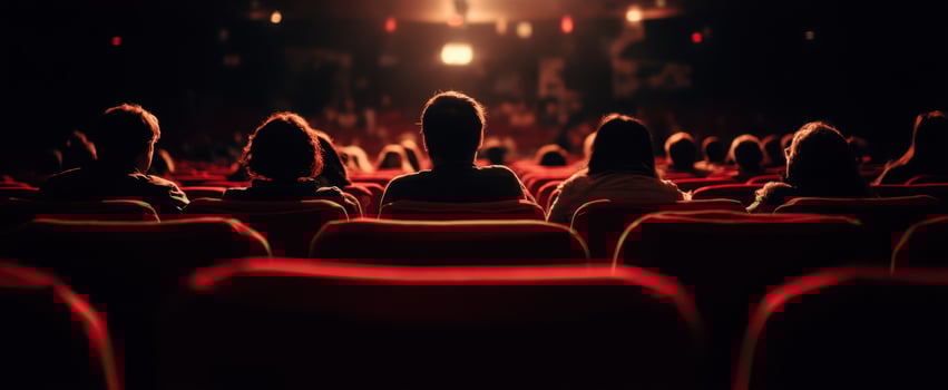 The audience immersed in a cinematic experience under vibrant theater lights. photo