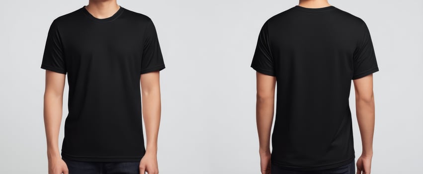 The black unisex t-shirt displayed from front and back angles. photo