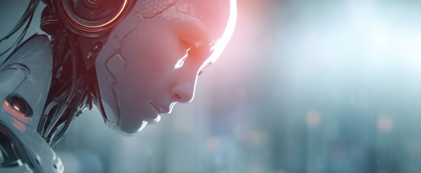 The humanoid robot in a futuristic, glowing cybernetic environment. photo