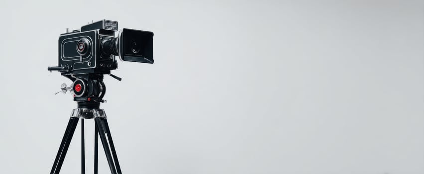 The vintage camera on a tripod against a minimalistic background photo