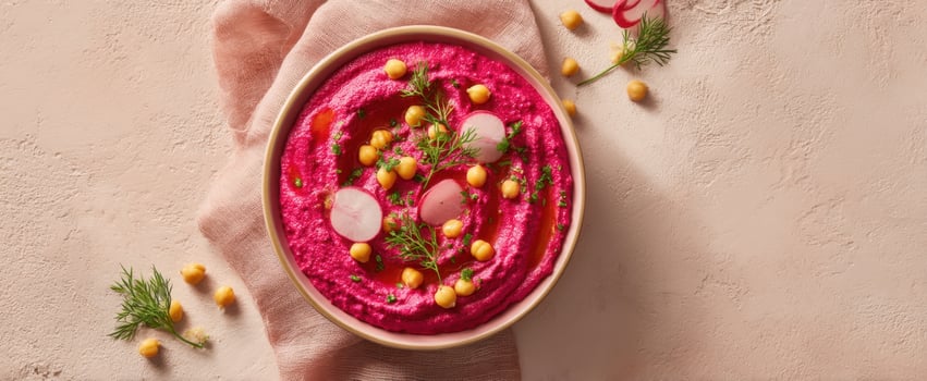 The vibrant beetroot hummus bowl topped with fresh herbs and garnishes. photo