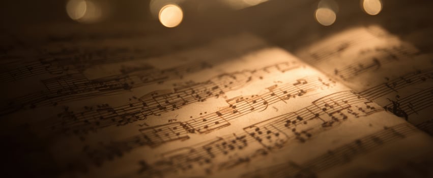 The intricate beauty of vintage sheet music illuminated by warm light photo