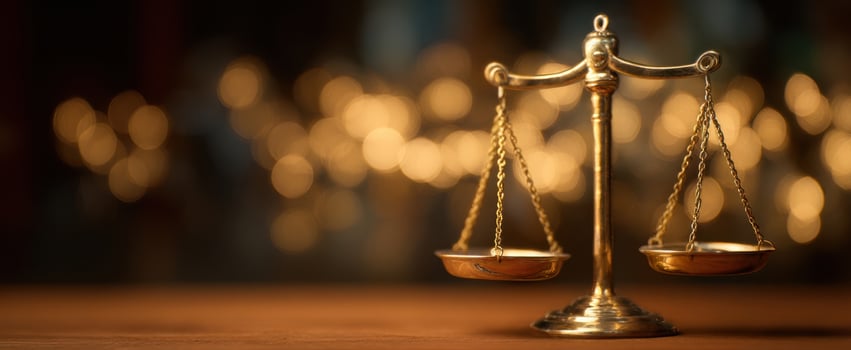 The Golden Scales of Justice on a Wooden Table with Blurred Background photo
