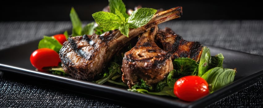The exquisite grilled lamb chops garnished with fresh mint and cherry tomatoes. photo