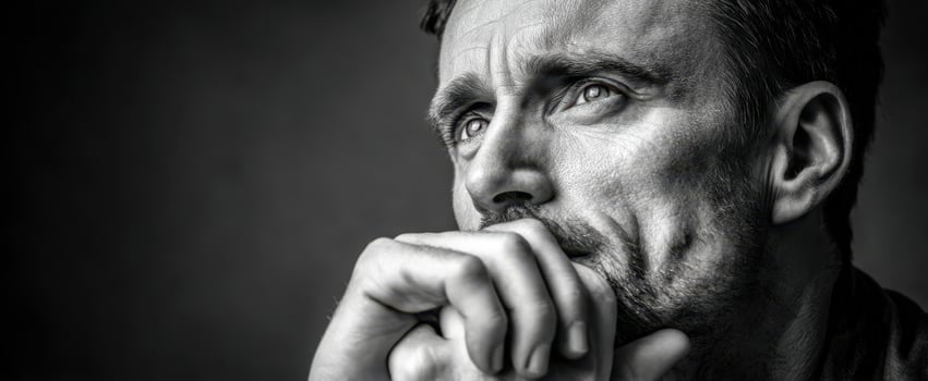 The contemplative man in deep thought captured in a striking black and white portrait. photo