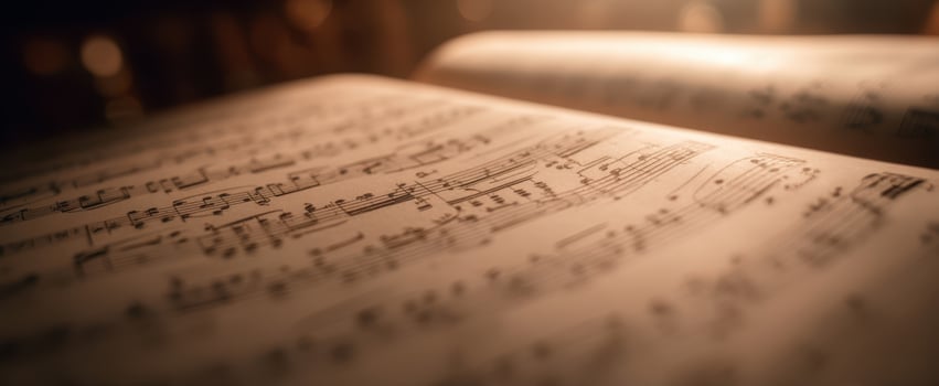 The intricate details of sheet music illuminated by warm light. photo