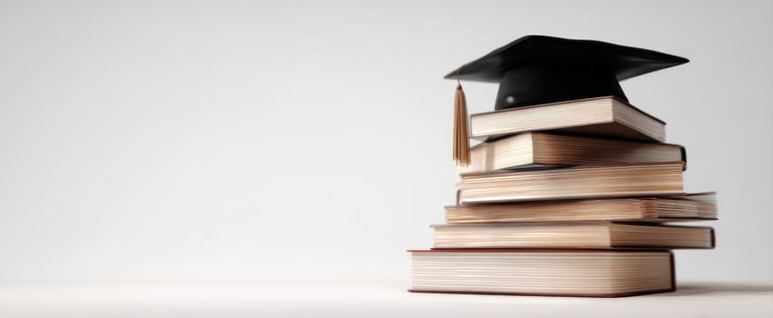 The graduation cap elegantly resting atop a stack of books. photo