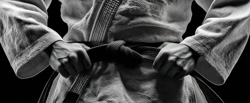 The martial artist adjusting their black belt in a focused manner. photo