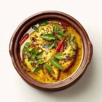 A bowl of fish curry with green peppers and spices photo