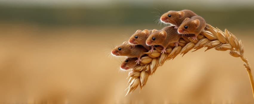 The adorable group of mice perched on a stalk of golden wheat. photo