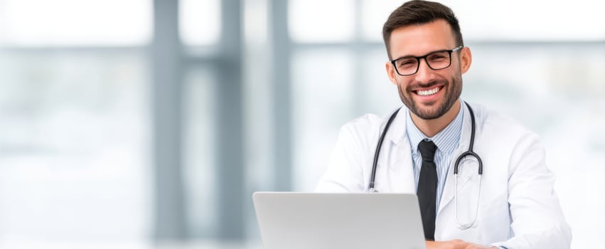 The smiling doctor using a laptop in a modern healthcare office setting. photo