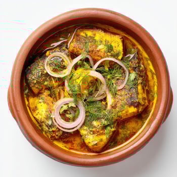 Delicious fish curry served in a traditional clay pot with onion rings photo