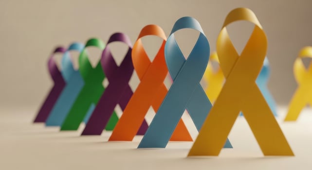Colorful awareness ribbons standing in a row, symbolizing support for various causes and health initiatives. photo