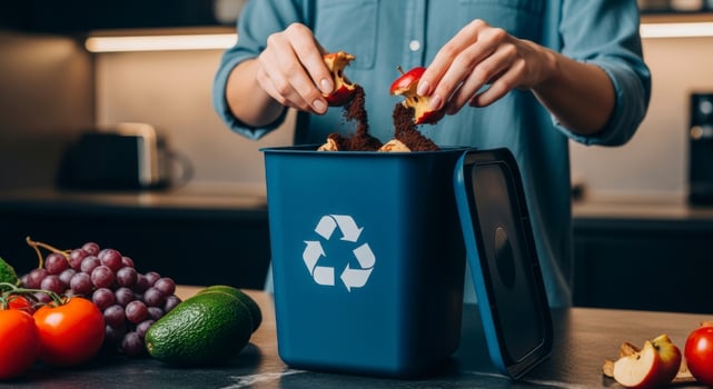 Person Composting Organic Food Waste in a Kitchen Promoting Sustainable Living and Recycling photo