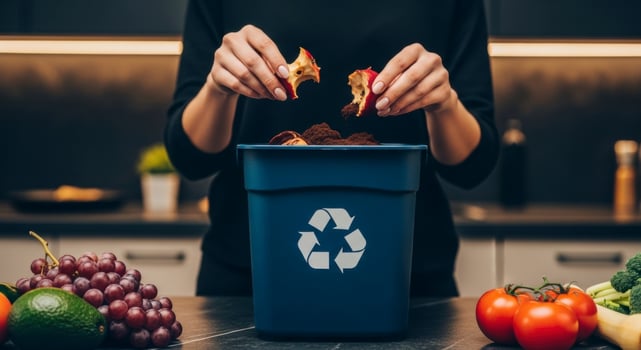 Person Disposing of Organic Food Waste into a Recycling Bin in a Modern Kitchen photo