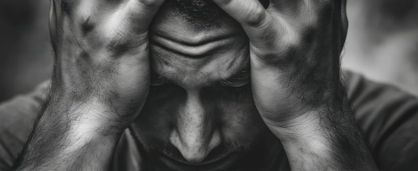 The man expressing deep emotional pain and inner turmoil in black and white. photo
