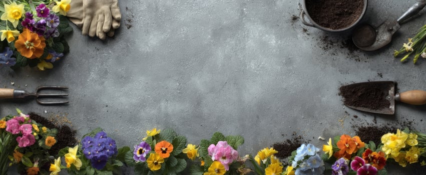 The vibrant arrangement of flowers and gardening tools on a rustic workspace. photo