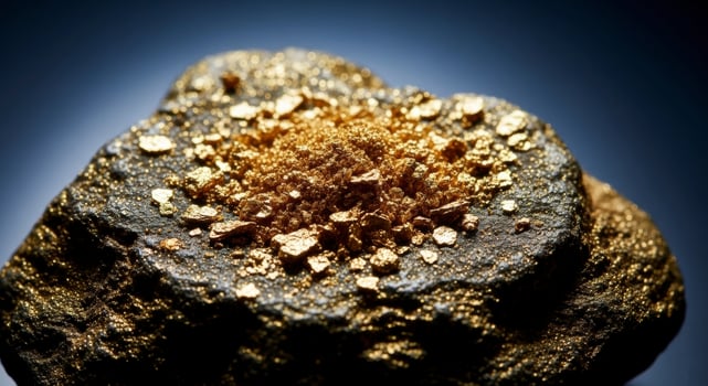 Close up of shimmering gold dust and small flakes scattered across a dark rock surface photo