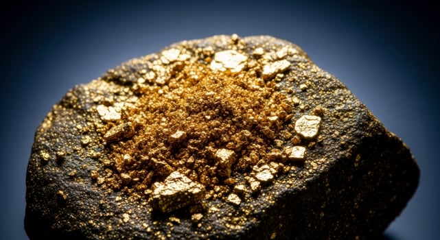 Shimmering gold dust and flakes on dark rock, symbolizing wealth and natural resources photo