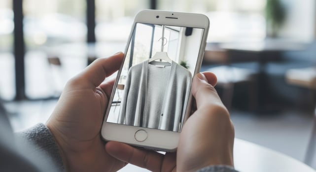 A man hands holding a smartphone displaying a gray cardigan for online shopping photo