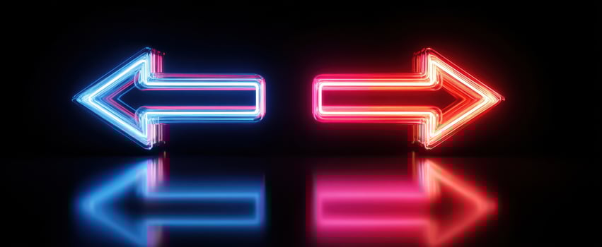 The glowing neon arrows indicating direction in a dark background photo