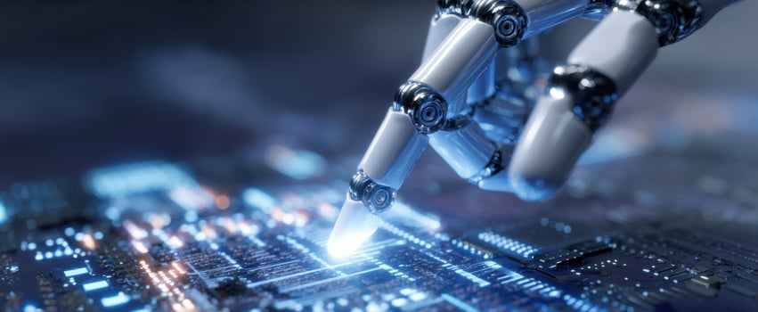 The robotic hand interacting with a high-tech circuit board system photo
