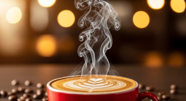 Steaming hot latte in a red cup with beautiful art and coffee beans on a table photo