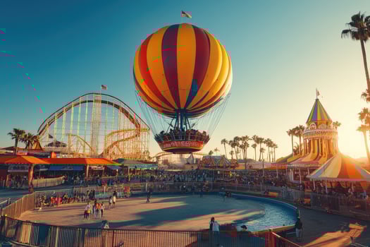 A vibrant amusement park scene with a hot air balloon, roller coaster, and colorful attractions photo