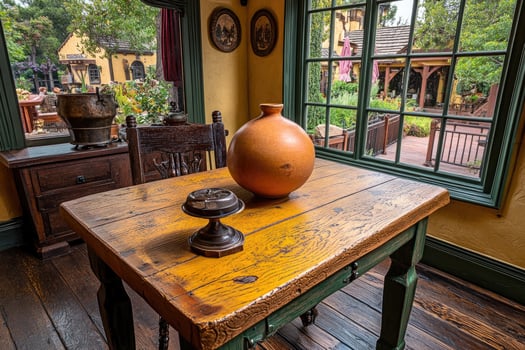 Rustic wooden table with antique items photo