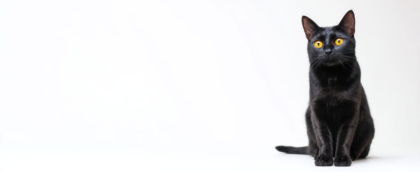 The curious black cat with striking yellow eyes sitting gracefully. photo