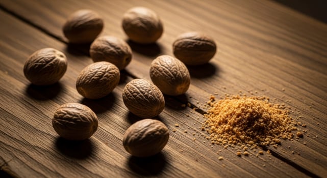 Whole and ground nutmeg spice scattered on a rustic wooden surface for cooking and baking photo