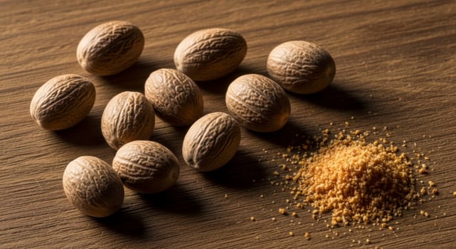 Whole and ground nutmeg spice on a rustic wooden surface for cooking and baking photo