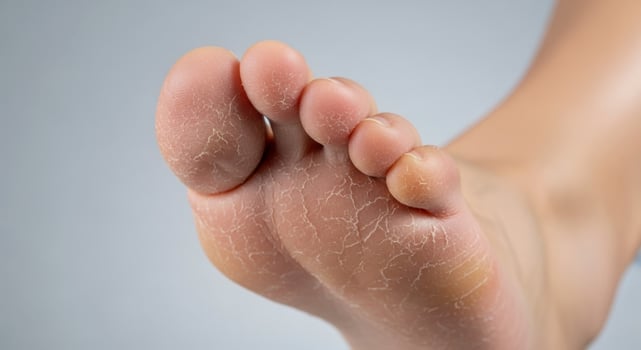 Close up of a woman dry and cracked foot sole with flaky skin needing care photo