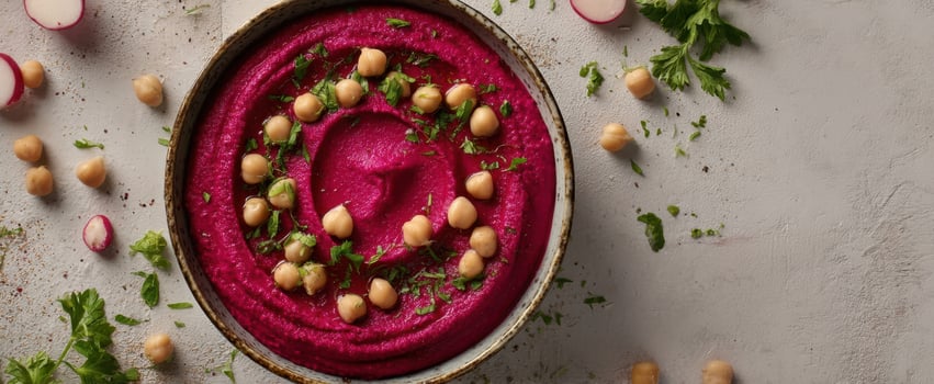 The vibrant beetroot hummus adorned with chickpeas and fresh herbs. photo