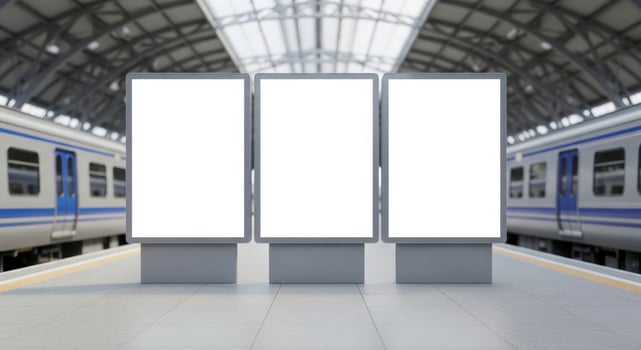 Three blank white digital billboards on a train station platform for advertising photo