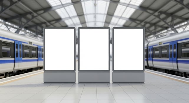 Three blank white digital billboards on a modern train station platform for advertising photo