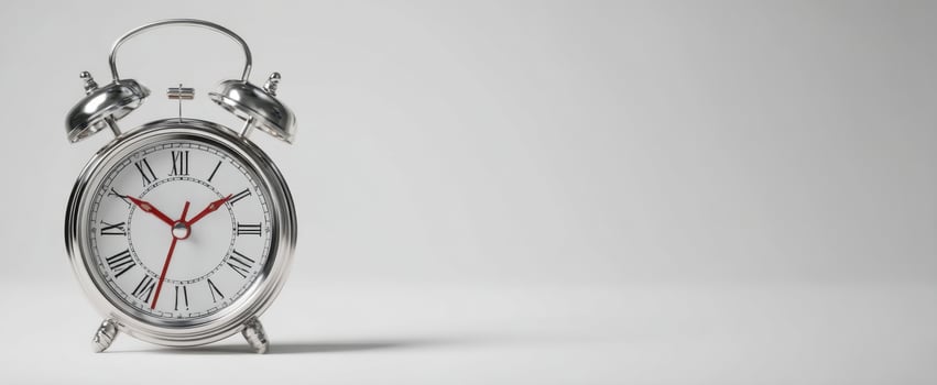 The vintage silver alarm clock showing precise time in a minimalist setting. photo