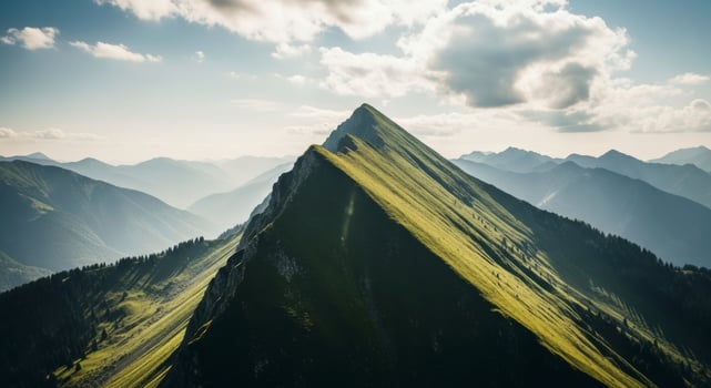 Aerial view of a sharply pointed lush green mountain peak under a bright sky photo