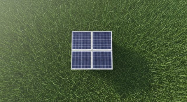 Overhead view of four solar panels on green grass symbolizing clean renewable energy photo