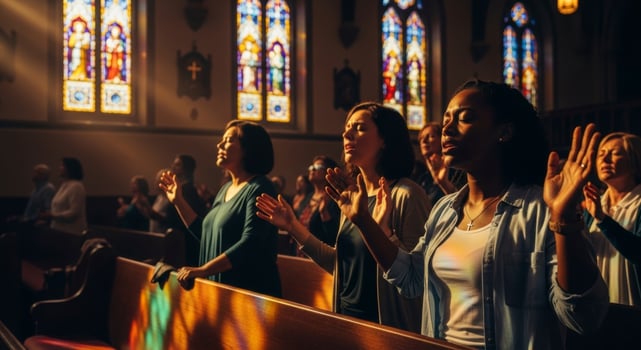 Diverse Women Worshiping in Church with Hands Raised in Prayer and Devotion photo