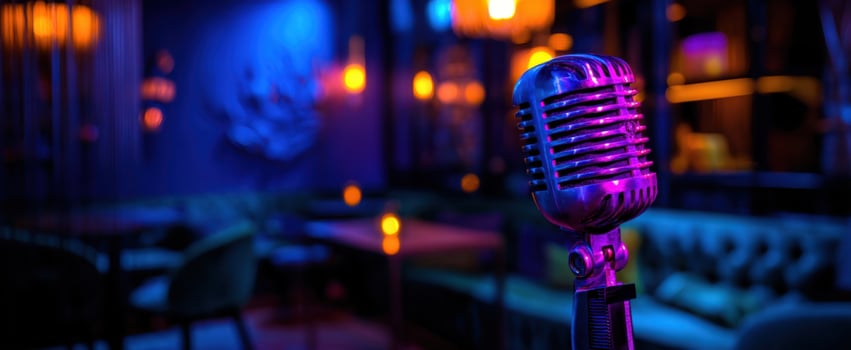 The vintage microphone in a stylish bar illuminated by colorful lights. photo