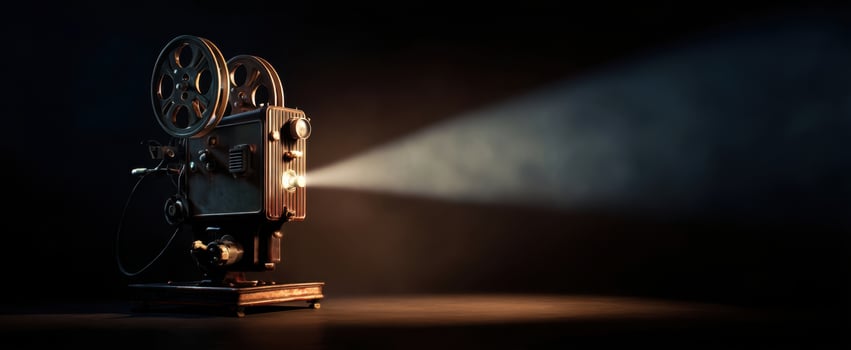 The vintage cinema projector illuminating a dark room with nostalgic charm. photo