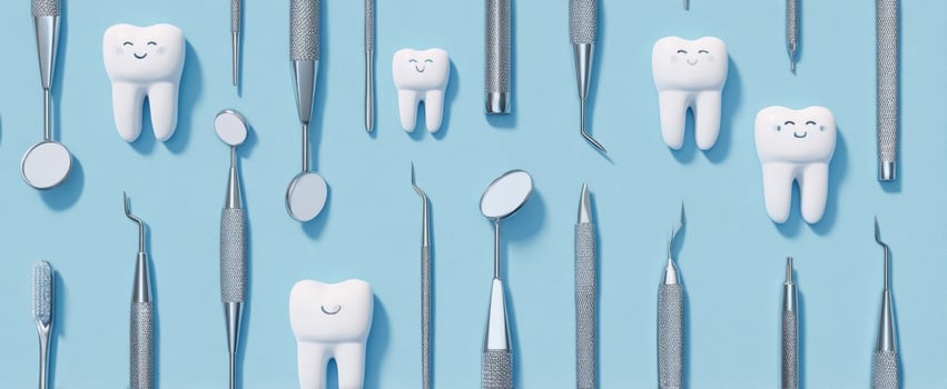 The whimsical arrangement of dental tools and cheerful cartoon teeth. photo