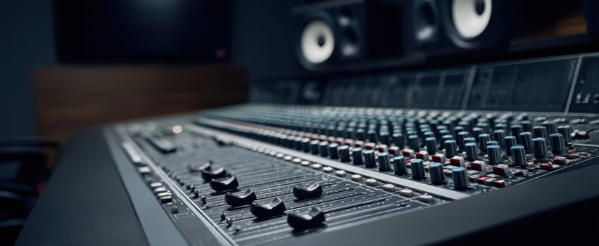 The detailed view of a professional audio mixing console in a modern studio setting. photo