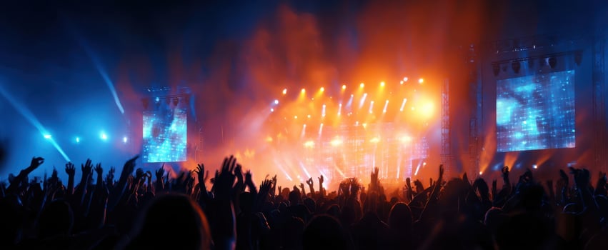 The exhilarating concert atmosphere with vibrant lights and a cheering crowd. photo