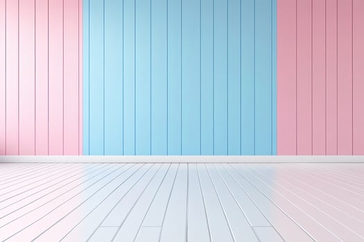 Empty room with pastel pink and light blue walls, white wooden floor photo