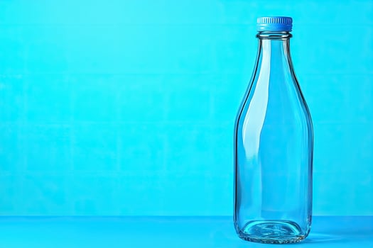 Empty glass bottle against a vibrant blue background photo